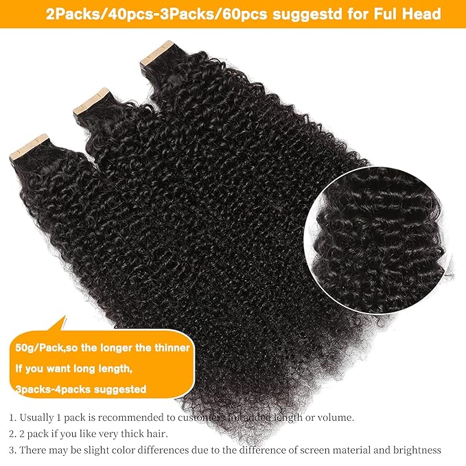 Kinky Curly Tape in Hair Extensions for Black Women Human Hair Afro Curly Tape in Hair Extensions Double Sided Skin Weft Kinky Curly Tape ins 16Inch Natural Color 50g 20pcs/Sets 40-60pcs for Full Head