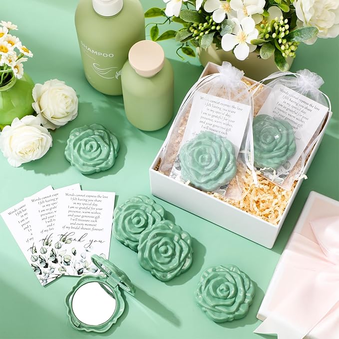 50 Sets Bridal Shower Party Favors for Guests Small Rose Compact Mirror Bulk Wedding Favors Thank You Cards and Organza Bags Wedding Party Guests Souvenir Gift (Green)