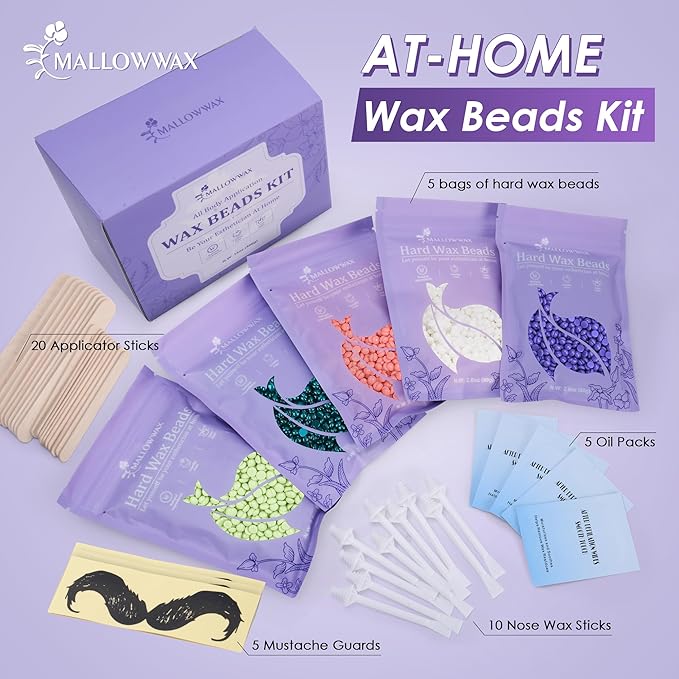 Wax Beads for Hair Removal -5 Pack Hard Wax for Sensitive Skin, Ideal for Bikini, Brazilian, Face, Eyebrow, Legs, Armpit, Full Body - Professional Waxing Wax Refill at Home for Women Men