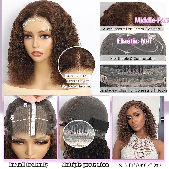 5×5 Closure Bob Wig Human Hair Glueless Wigs Human Hair Pre Plucked Pre Cut Short Curly Wig Water Wave Middle Part 4# Chocolate Brown for Women Wigs for Black Women 12Inch
