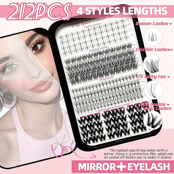 DIY Lash Extension Kit 782Pcs D Curl 4 styles Individual Lash with Bottom Lash Clusters Lash Bond and Seal,Quick Glue Remover Tweezers Eyelash Brush Mini Applicator (LASH001)