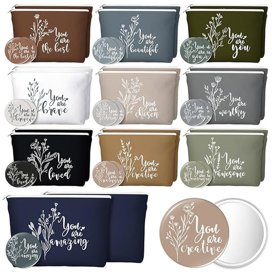 40 Pcs Employee Appreciation Gifts 20 Inspirational Canvas Makeup Bags 20 Compact Mirrors Bulk Cosmetic Bags Round Portable Pocket Mirror Thank You Gifts for Women (Boho)