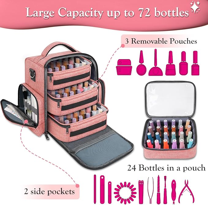 YOREPEK Nail Polish Organizer Holds 72 Bottles, Large Capacity with 3 Removable Pouches and 4 Zippered Pockets for Manicure Tools, Supplies, Nail Lamp, Gift for Women