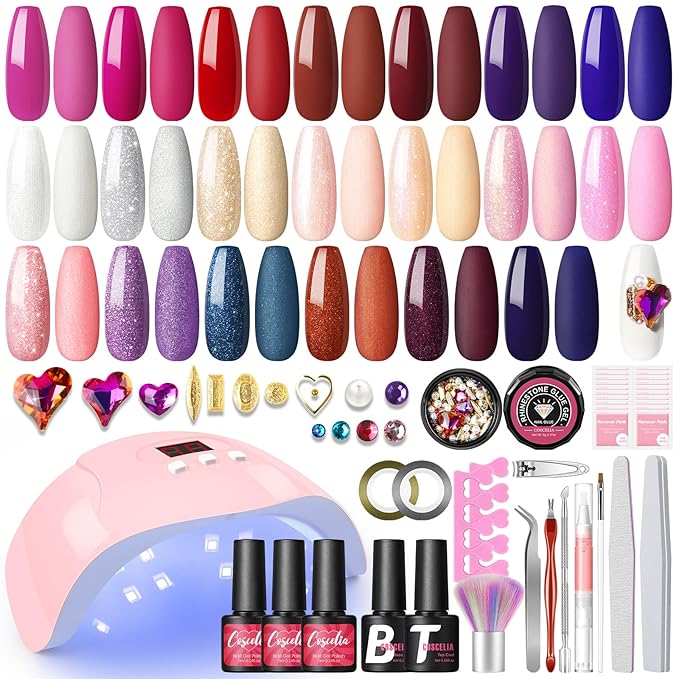 39PCS Gel Nail Polish Kit with U V Light 20 Colors Gel Nail Kit Glitter Nude Pink Red Blue 36W Nail Lamp Base Top Coat Nail Art Rhinestones Manicure Tools Starter Kit