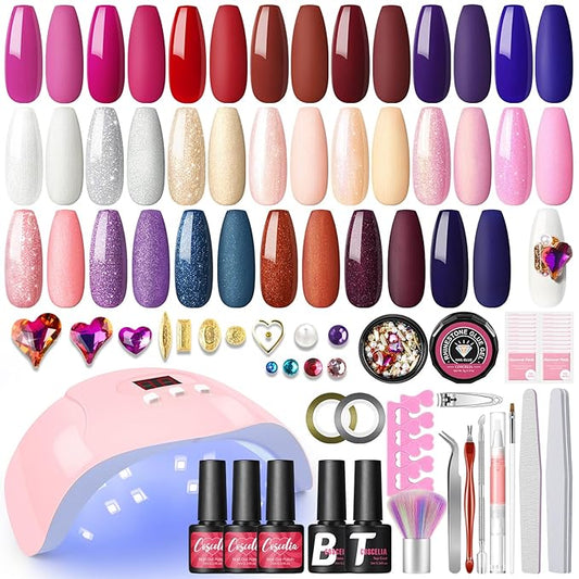 39PCS Gel Nail Polish Kit with U V Light 20 Colors Gel Nail Kit Glitter Nude Pink Red Blue 36W Nail Lamp Base Top Coat Nail Art Rhinestones Manicure Tools Starter Kit