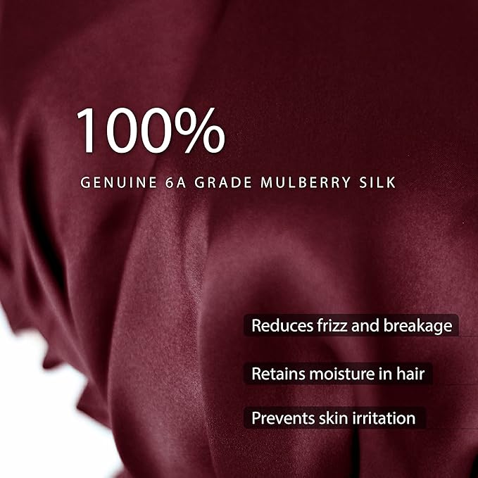 100% Silk Bonnet for Sleeping With Tie Band, Large Sleep Cap for Curly Hair, Wrap for Hair Care (Dark Red)