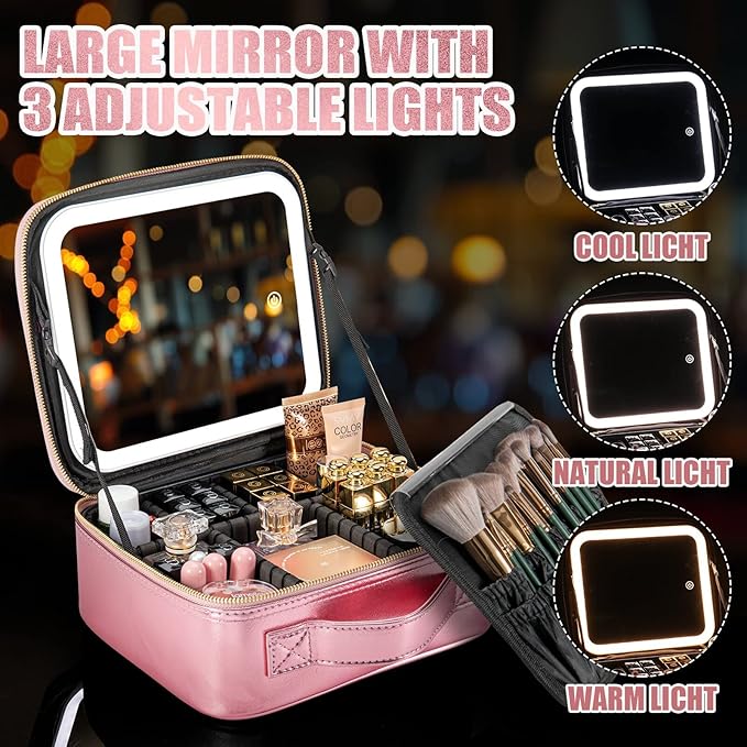Makeup Travel Train Case with Mirror LED Light 3 Adjustable Brightness Cosmetic Bag Portable Storage Adjustable Partition Waterproof Makeup Brushes Makeup Jewelry Gift for Women