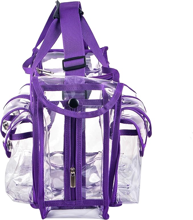 Wide Mouth Large Professional Clear PVC Travel Makeup Artist Set Bag Cosmetic Nails Beauty Bag Transparent Vinyl Tool Organizer Beach Bags Diaper Bags with 6 External Pockets & Strap (Purple)