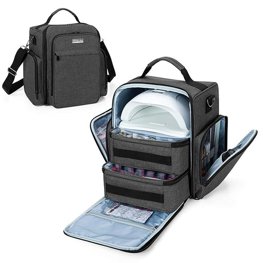 BAFASO Nail Polish Organizer Holds 48 Bottles (15ml - 0.5 fl.oz) and a Nail Lamp, Large Nail Polish Case with 2 Removable Pouches and Multiple Storage Sections (Patented Design), Black