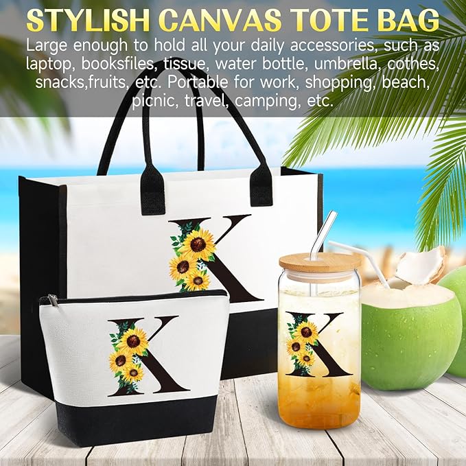 Personalized Gifts for Women, Monogrammed Gifts for Women, Initial Monogram Gifts Sunflower Birthday Gifts for Women Mom Sister Best Friends - Monogrammed Canvas Tote Bag & Makeup Bag & Glass Cup K