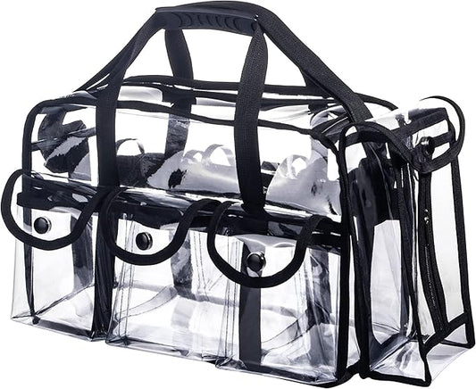 Wide Open Large Professional Clear PVC Travel Makeup Artist Set Cosmetic Nails Beauty Transparent Vinyl Tool Organizer Work Beach Diaper Bag With 6 External Pockets & Strap (Black)