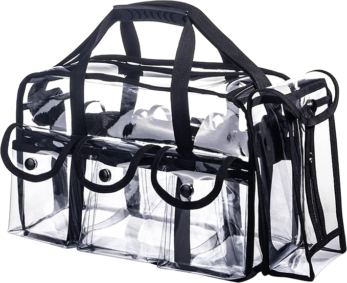 Wide Open Large Professional Clear PVC Travel Makeup Artist Set Cosmetic Nails Beauty Transparent Vinyl Tool Organizer Work Beach Diaper Bag With 6 External Pockets & Strap (Black)