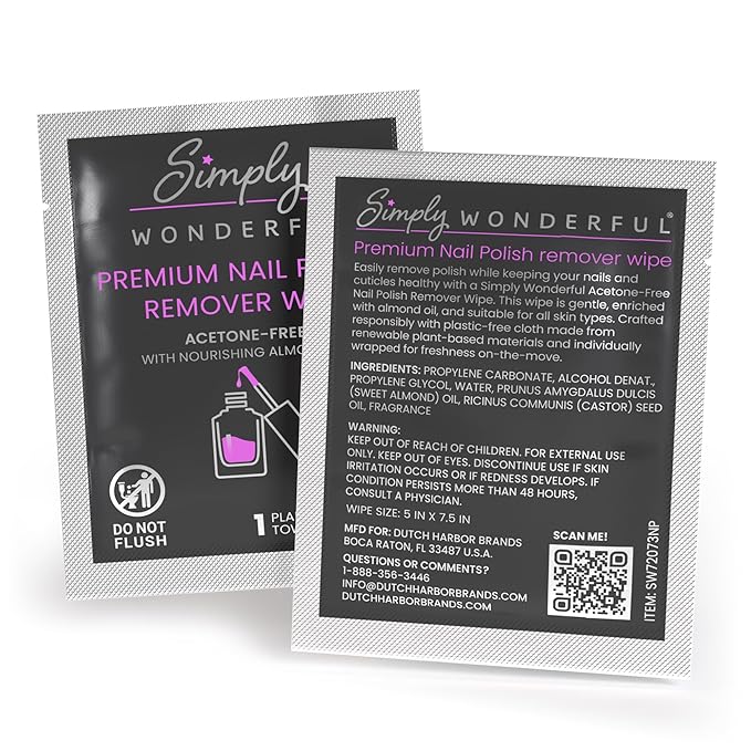 Simply Wonderful Lint Free Nail Polish Remover Wipes, Acetone-Free, Enriched with Nourishing Almond Oil, Plant-Based Nail Polish Remover Pads, 100 Individually Wrapped Nail Polish Wipes