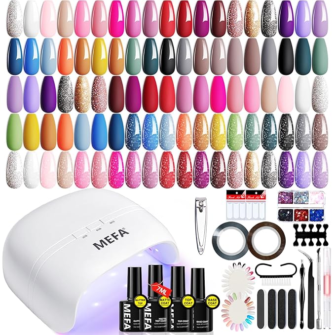 MEFA 60 Pcs Gel Nail Polish Kit with U V Light, 32 Colors All Seasons Soak Off Gel Polish Nail Set with Matte/Glossy Glitter Base Top Coat Manicure Tools Nails DIY Decorations Gifts for Women