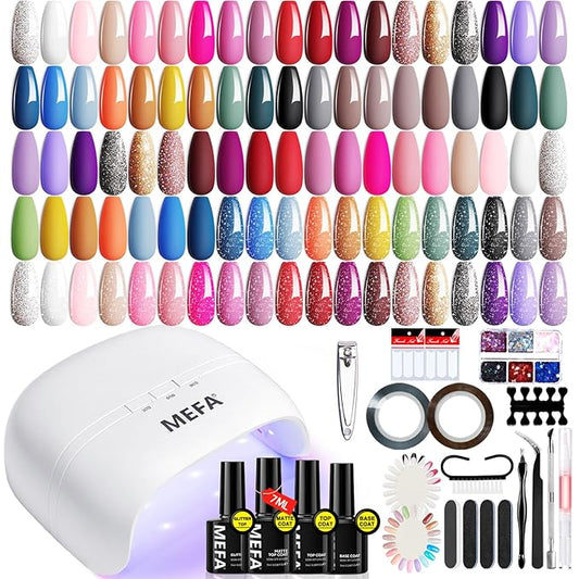 MEFA 60 Pcs Gel Nail Polish Kit with U V Light, 32 Colors All Seasons Soak Off Gel Polish Nail Set with Matte/Glossy Glitter Base Top Coat Manicure Tools Nails DIY Decorations Gifts for Women