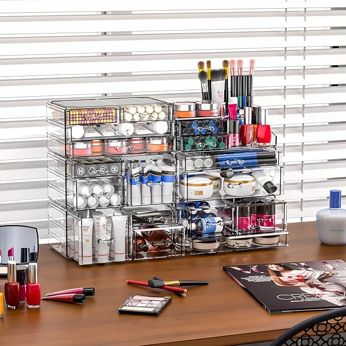 Cq acrylic 4 Pack Clear Makeup Organizer for Counter,13 Drawers Stackable Skincare Organizer,Large Cosmetic Storage Organizer for Jewelry,Hair Accessory,Beauty,Skin Care,Vanity Organizers and Storage