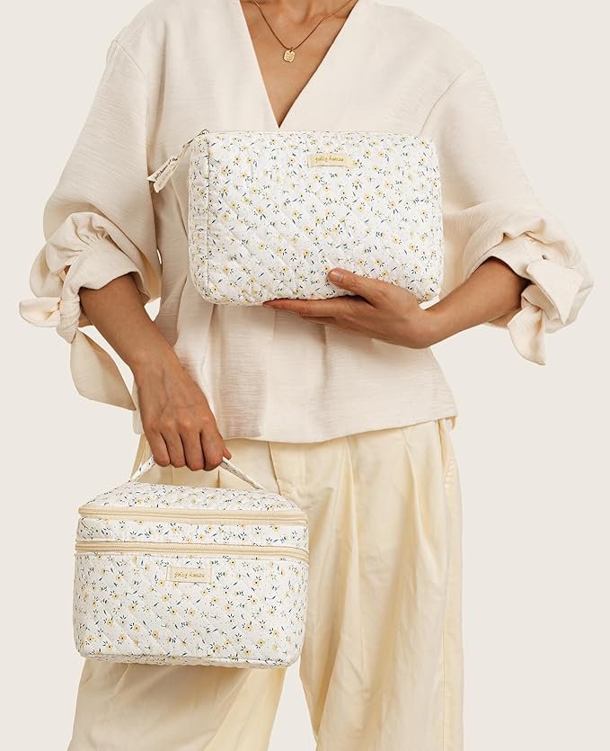 HBselect 2Pcs Travel Makeup Bag, Large Cotton Quilted Makeup Bag Cosmetic Bag Cute Make up Bag Toiletry Bags for Women Girls