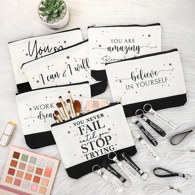 Sanwuta 48 Pcs Mother's Day Thank You Gifts Bag Bulk for Women 24 Make up Bags 24 Appreciation Keychains for Teacher Nurse(Stylish)