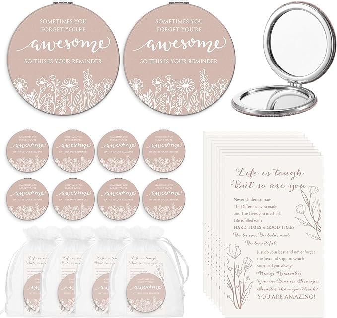 12 Set Mother's Day Wildflower Inspirational Gifts for Women Bulk Motivational Compact Mirror Makeup Purse Double Sided Folding Mirror Inspirational Gift Cards with Bag for Women