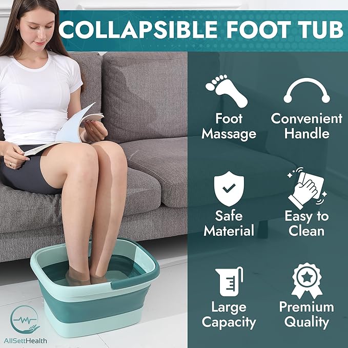 AllSett Health Collapsible Foot Bath – Advanced Foot Soaking Tub with Portable Design and Handle, Compact and Lightweight Foot Soak with Acupressure Points - Green, Blue