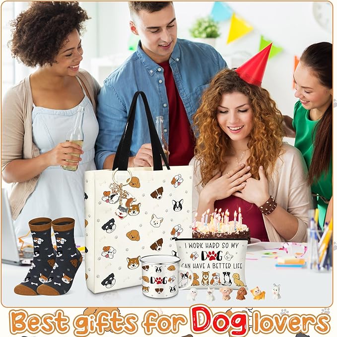 Animal Lover Gifts for Women Mother's Day Animal Themed Gifts for Mom Include Canvas Tote Bag, Makeup Bag, Socks, Keychain, Enamel Mug, Small Figurines(Dog)