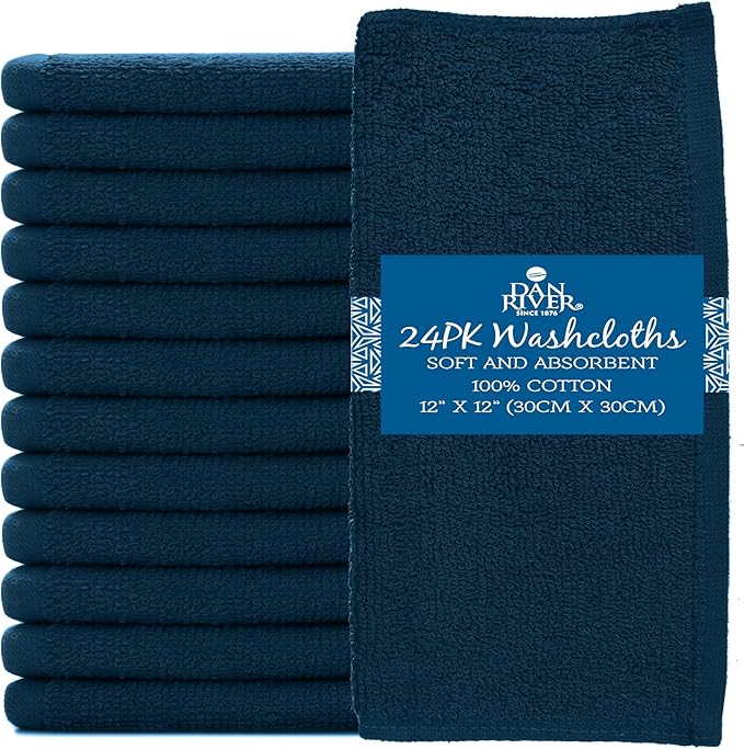 DAN RIVER 100% Cotton Washcloths 24 Pack Premium Quality Face and Body Cloth, Quick Dry Essential Towels for Bathroom, Hand, Kitchen & Cleaning, Baby Washcloths | 12X12 in | 400 GSM | Opal Blue
