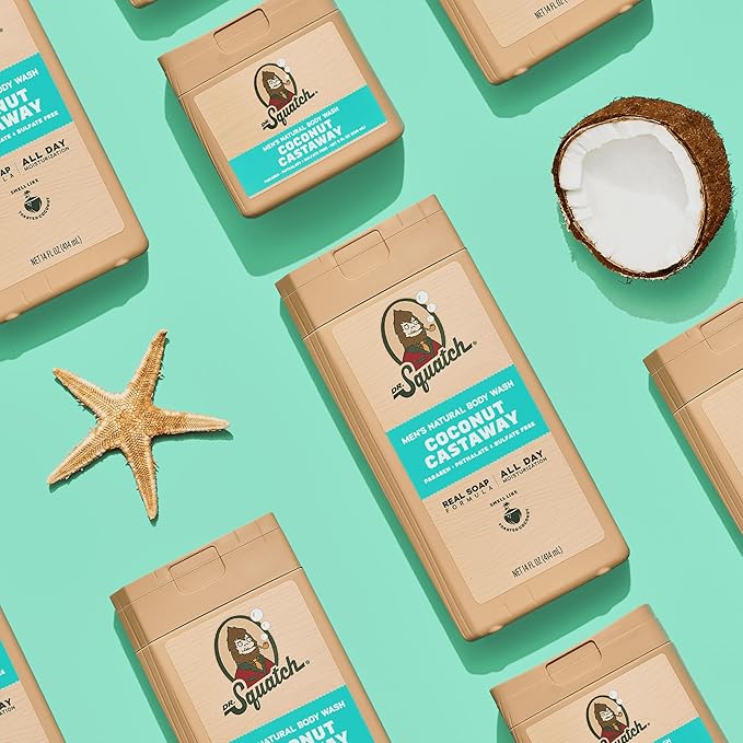 Dr. Squatch NEW Body Wash and Deodorant for Men Gift Set | No Paraben, Phthalate, Sulfate | Odor-Squatching, Aluminum-Free | Coconut Castaway Body Wash (8 oz, 3-Pack) & Deodorant (2.56 oz, 2-Pack)