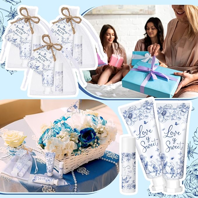48 Sets Something Blue Before I Do Bridal Shower Hand Cream and Lip Balm Gift Bulk Blue Floral Wedding Favors Travel Size Hand Lotion and Lip Balm Bridal Shower Party Supplies for Guest