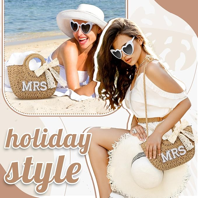 4 Pcs Bridal Shower Gift Set Include Handwoven Wedding Straw Purse Makeup Cosmetic Tote Bag Beach Bride Sunglasses Cross Band Women Slippers for Bridal Shower Bachelorette Party(Mrs)