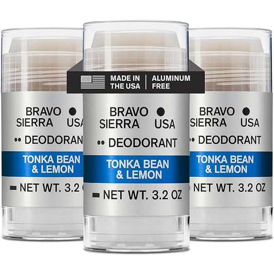 Aluminum-Free Deodorant for Men by Bravo Sierra, 3-Pack -Contains Natural Ingredients –Long Lasting All-Day Odor and Sweat Protection -Tonka Bean and Lemon, 3.2 oz - Paraben-Free, Vegan & Cruelty-Free