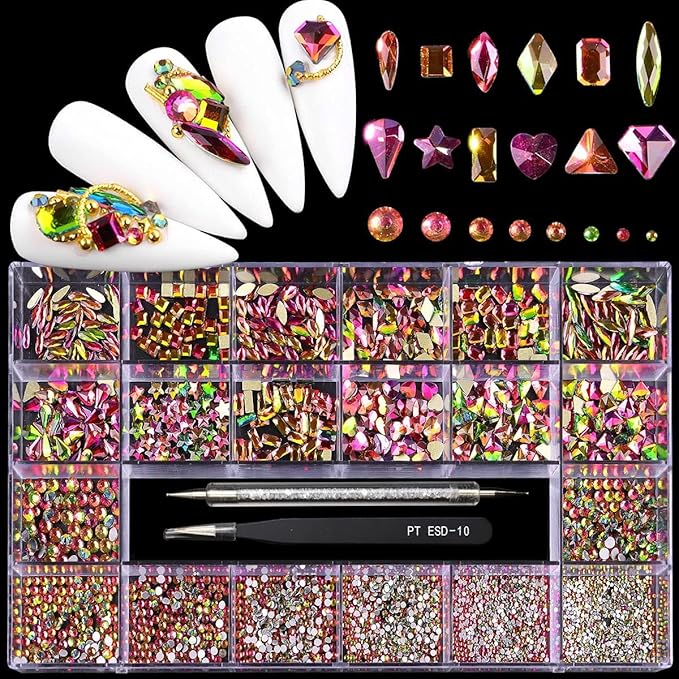 12 Types of Colorful 600 Diamonds + 2500 Flat Rhinestones Mix 20 Styles Flatback DIY Crafts Rhinestone Crystals 3D Decorations Flat Back Stones Set +Tweezers + Drill Pen