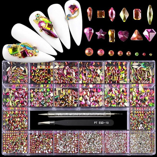 12 Types of Colorful 600 Diamonds + 2500 Flat Rhinestones Mix 20 Styles Flatback DIY Crafts Rhinestone Crystals 3D Decorations Flat Back Stones Set +Tweezers + Drill Pen
