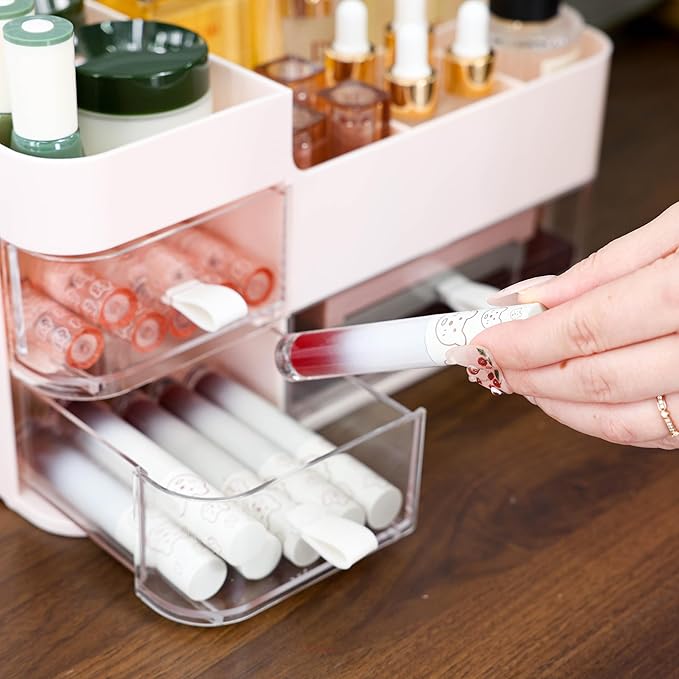 Make Up Organizer With 3 Drawers, Large Capacity Plastic Cosmetic Storage for Dresser and Vanity, Ideal for Beauty, Perfume, Brushes, Skincare, Bathroom Organizers and Storage Counter, Pink