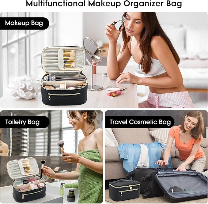 Travel Makeup Bag Organizer, Large Capacity Cosmetic Pouch for Women, Waterproof Make Up with Divider, Clamshell Makeup Case Make Up Bag with Handle and Metal Zipper, Travel Essentials Black