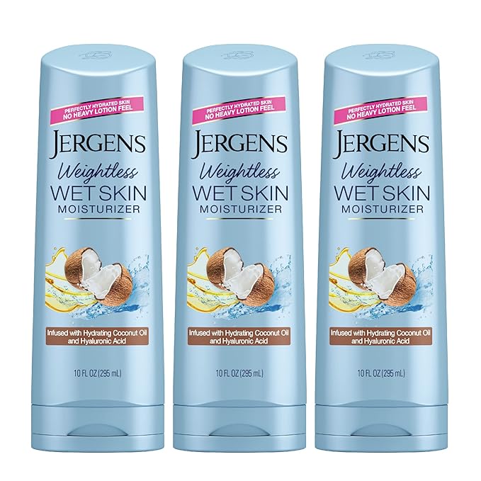 Jergens Wet Skin Body Moisturizer with Coconut Oil, In Shower Lotion for Dry Skin, Fast-Absorbing, Non-Sticky, Dermatologist Tested, 10 Oz, Pack of 3