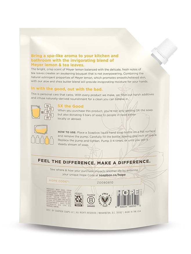 Soapbox Liquid Hand Soap Refill, Meyer Lemon & Tea Leaves, Gentle & Moisturizing Hand Wash for Kitchen and Bathroom, Vegan & Cruelty Free, 64oz Half Gallon Refill (Pack of 1)