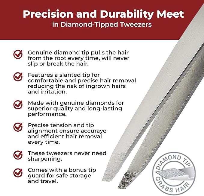 World's Best Tweezers Diamond Tip - Diamond Coated Slant Precision Tweezer for Eyebrow, Facial & Ingrown Hair Removal - Suitably Aligned Stainless Steel Tool Grabs Hair from the Root