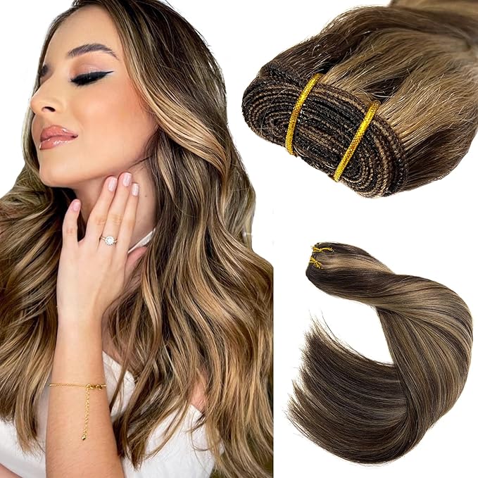 Ubetta Human Hair Weft Dark Brown Balayage Ash Brown Highlights Sew in Hair Extensions Real Human Hair 22 Inch 120G Weft Hair Extensions Remy Real Human Hair Bundles Weave Extensions for Women