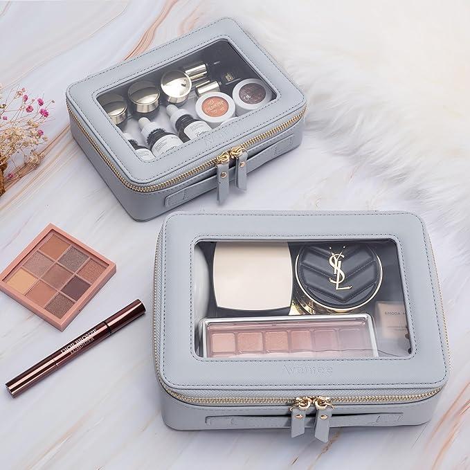 Aveniee Clear Makeup Bag Organizer, Portable Travel Toiletry Cosmetic Bag Case for Women, Heavy Duty Vegan Leather Make Up Pouch Car Bag for Essentials(Middle+Large) - Slate blue