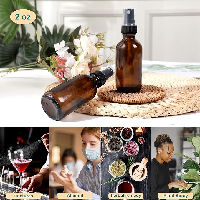 Amber Glass Small Spray Bottle 2 oz 24 Packs,Fine Mist Sprayer Small Clear Bottles,Refillable Containers mini spray bottles for Cleaning Solutions and Skin Care (Amber 24pcs)