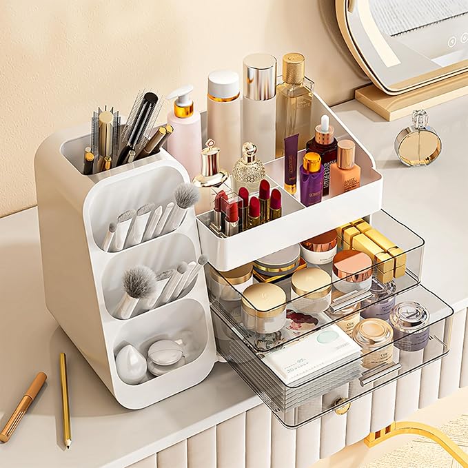 Makeup Organizer for Vanity, Large Capacity Display Case with Drawers for Skincare, Brushes, Lipsticks, Cosmetics, Perfect for Bathroom, Bedroom Storage(White)