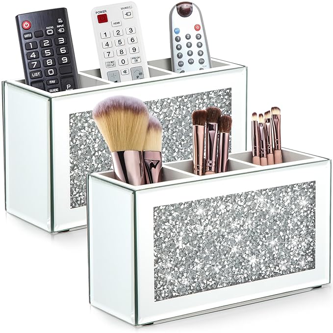 Tanlade 2 Pcs Mirrored Makeup Brush Holder Remote Holder, Mirrored Makeup Organizer with Crushed Diamond Crystals, Vanity Cosmetics Organizer Solution, Pencil Holder Organizer for Desk (3 Compartment)