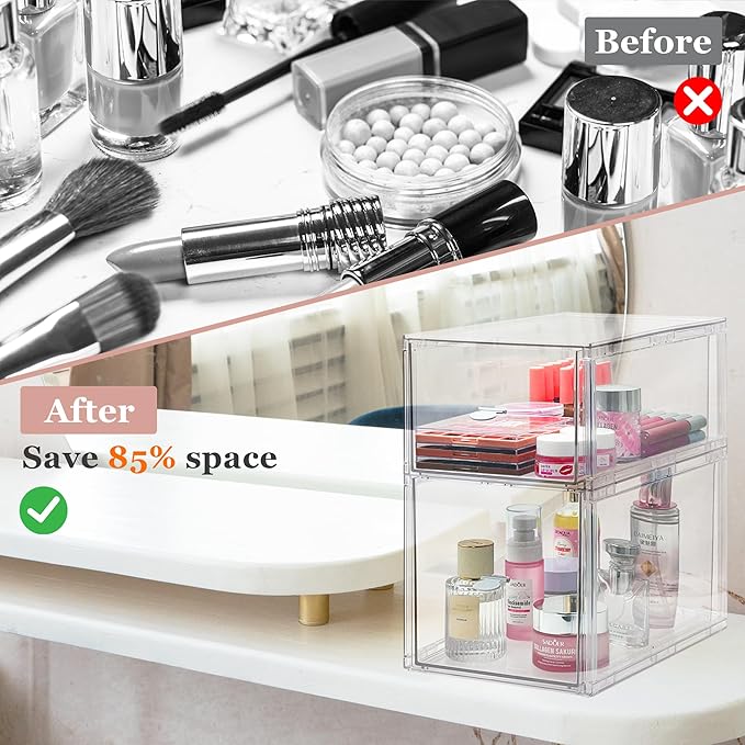 Homecor Clear Makeup Organizer Set of 2, Large Bathroom Storage Drawers, Cosmetic Storage for Vanity Dresser Countertop, Beauty Holder for Lipstick Brush Skincare Valentine's Day Gifts for Her(L+M)