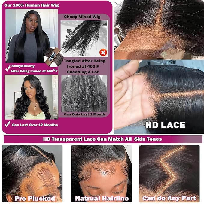 26 Inch Lace Front Wig Human Hair - 13x6 Body Wave Pre-Plucked, HD Transparent Lace, Glueless with Baby Hair, Natural Black