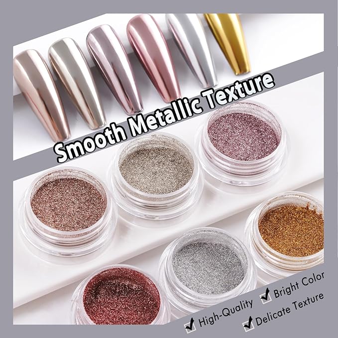 Chrome Nail Powder Set Metallic Mirror Glitter for Manicure Nail Art Decoration Gold Silver Bronze Rose Gold Silver Pigment 6 Colors Kit 0.5g/Jar (TR 6 Pcs Set)