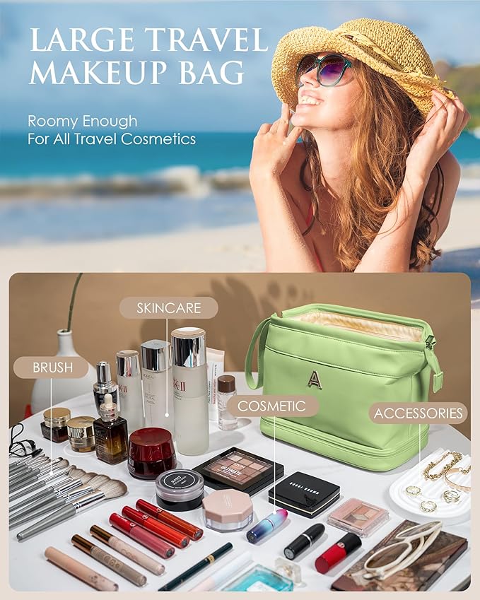 Gifts for Highschool Girls, Initial Large Makeup Bag, Bride To Be Gifts, Double Layer Cosmetic Bag, Waterproof PU Travel Toiletry Bag for Bachelorette Party Women Wedding Bridal, Bride Gifts