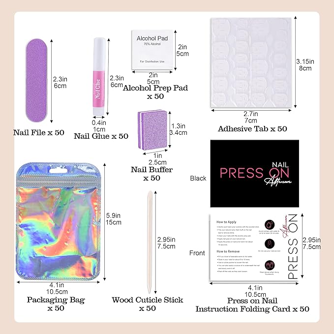50 Set Press On Nail Tool Prep Kit for Salon Business, Disposable Manicure Kit with Nail File, Buffer, Glue, Prep Pad, Instruction Card, Adhesive Tabs, Wood Stick, Purple Packaging Bag