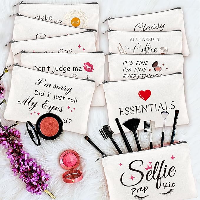 20PCS Make Up Bags Bulk Funny Canvas Cosmetic Bag Inspirational Toiletry Bags Bulk Makeup Pouches for Women Double Sided Printing Bulk Travel Pouch Bulk Gifts for Women Sister Employee