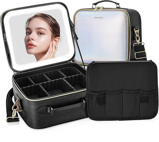 Travel Makeup Bag with Light Up Mirror, Cosmetic Artist Organizer Case with LED Mirror, Travel Makeup Case for Cosmetic Brush Holder Storage, Toiletry Case for Women Gift