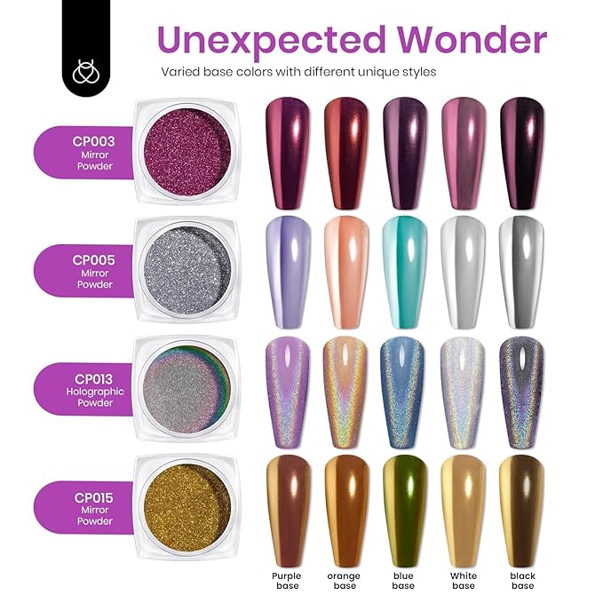 Beetles Chrome Nail Art Glitter 4 Colors 0.5g/Jar, 4 Jars 3 Colors Gold Silver Pink Metallic Mirror Effect Pigment & 1 Holographic Chrome Powder Diy Nail Art Manicure Gifts for Women Girls